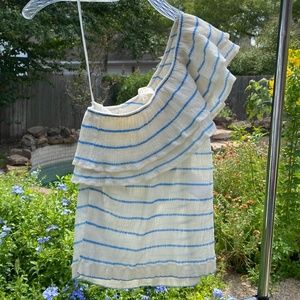 Sézane Sz 4 Adeline asymmetrical ruffle top w/blue stripe (France Sz36)